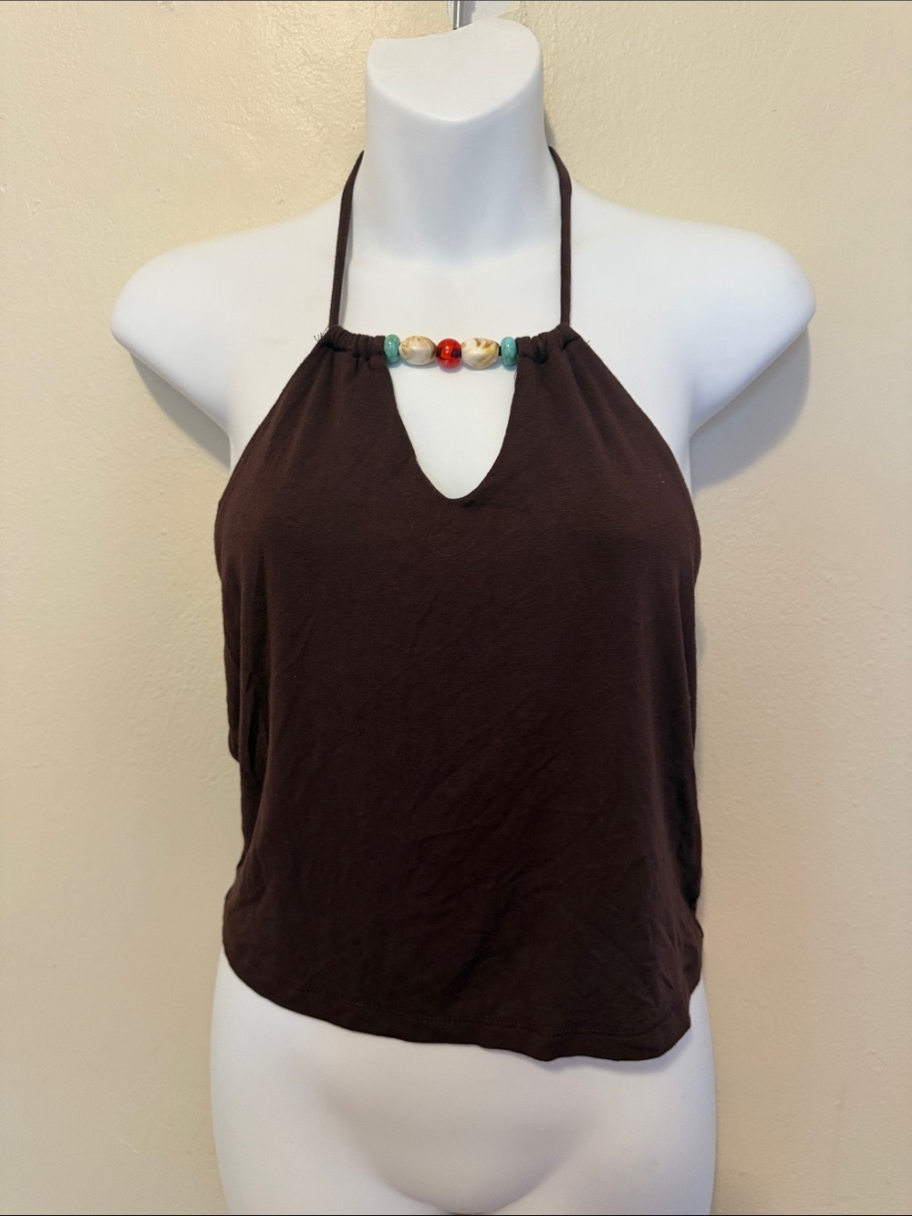 Brown Halter-Neck Beaded Tank Top - Women